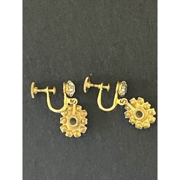 Vintage Guilloche Enamel Rose Rhinestone Floral Screw Back Earrings - Picture 2 of 3